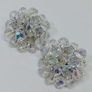 * vintage AB aurora borealis crystals cluster clip on earrings
